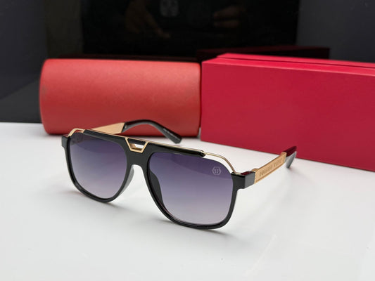 Full-Rim Square Sunglasses with a black frame and gold-tone accents.