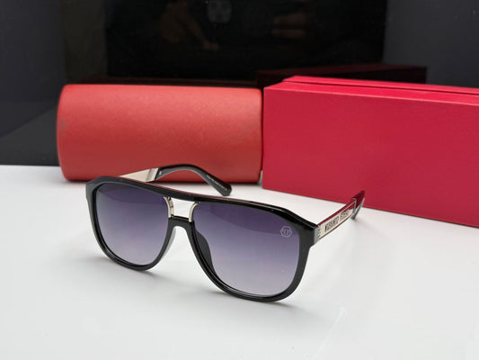 Sunglasses in Glossy Black with Geometric Frames and CR39 Gradient Lenses.