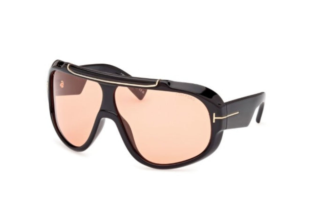 Sunglasses feature a Bold black shield Frame and Tea-Colored lenses For Men-Women