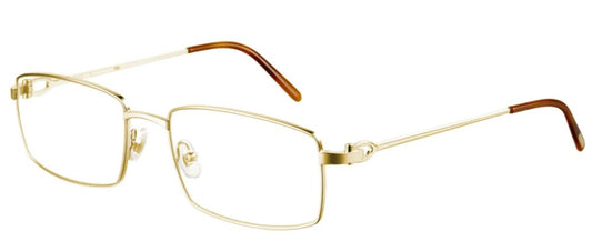 Gold-framed eyeglasses with brown temple tips.